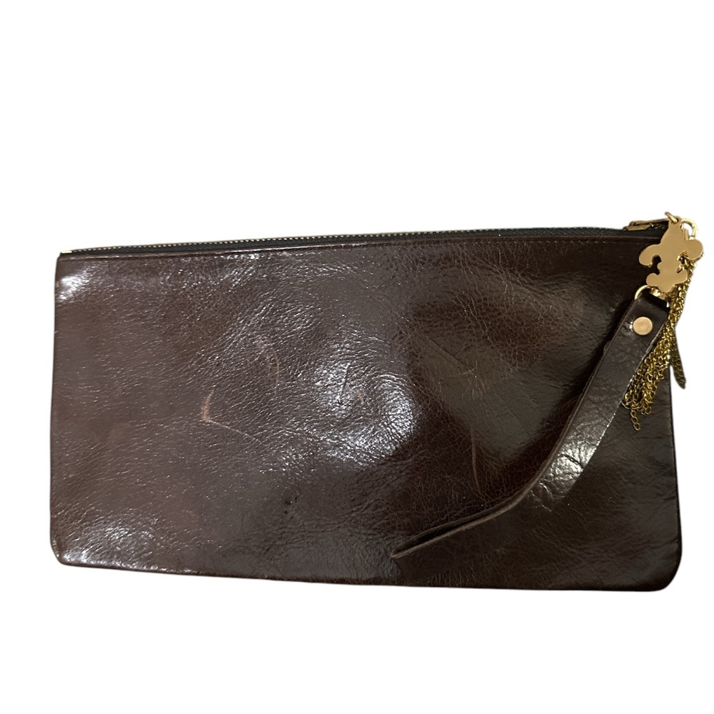 Moss mills USA real brown leather Wristlet large size with gold tassel charms